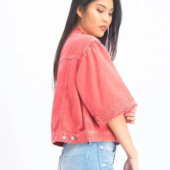 GAP Fringe Boho Denim Jacket with wide bell flared sleeves in Red Crimson S - Picture 3 of 13
